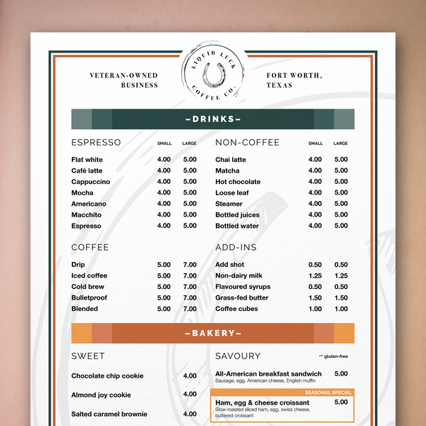 Menu Design for Liquid Luck Coffee Co
