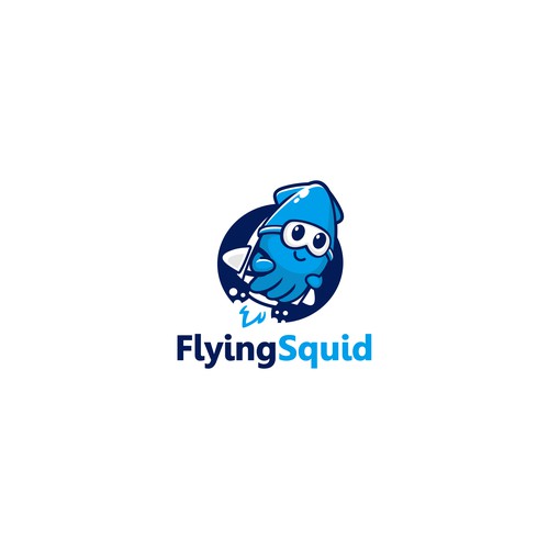 Logo of a squid wearing a jetpack for product named FlyingSquid Design by jasterxinan