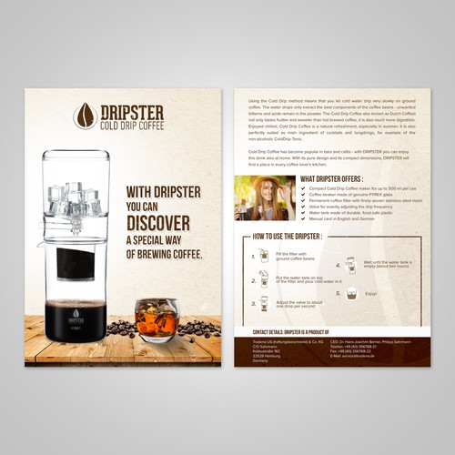 DRIPSTER Cold Drip Coffee Maker - we need a product presentation flyer Diseño de Coloseum27