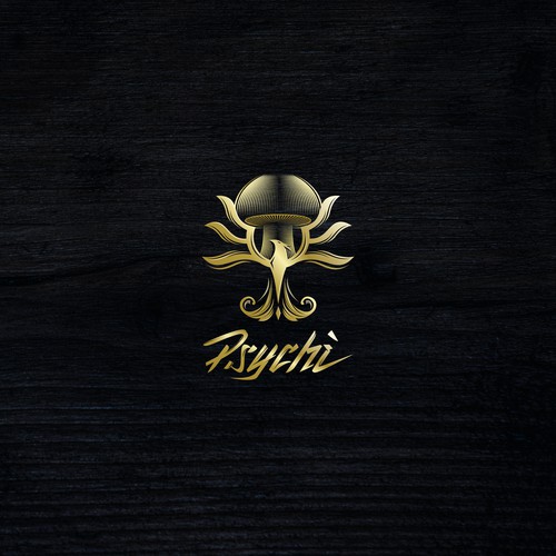 Psychi - a golden Phoenix and wild psilocybin mushrooms Design by salmArt26