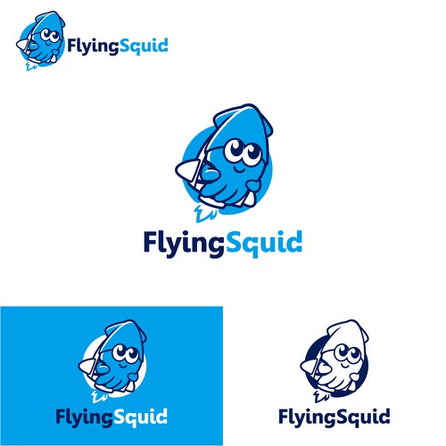 Logo of a squid wearing a jetpack for product named FlyingSquid Design by jasterxinan