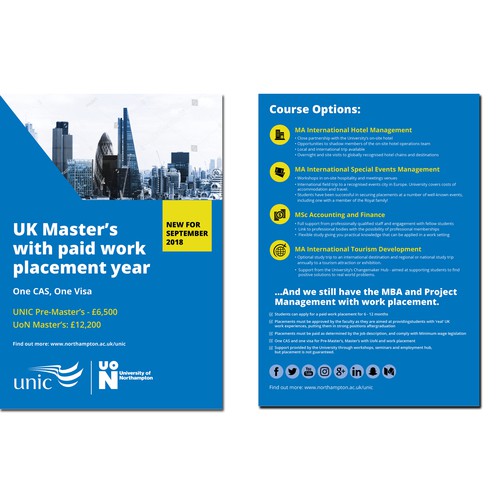 Design our new University flyer promoting Master's with paid work placement options Design by Krishna Arts