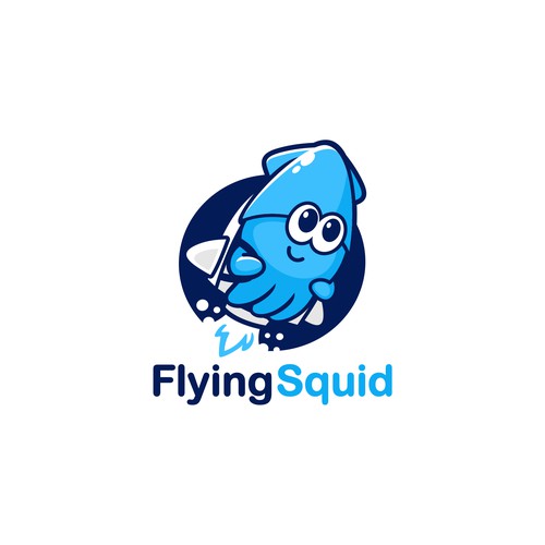 Logo of a squid wearing a jetpack for product named FlyingSquid Design by jasterxinan