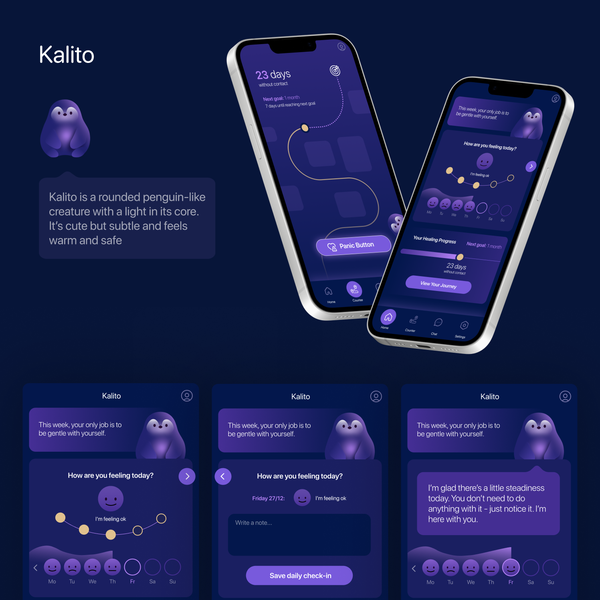 Design by LMH Creative titled "Design a Calm & Emotionally Premium Mobile App UI for a Breakup Support App"