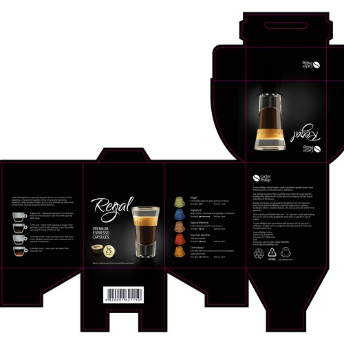 Design an espresso coffee box package. Modern, international, exclusive. Design by Coshe®