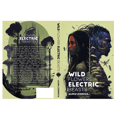 A cover for a sci-fi book with 2 species of humans (a tribal & a high-tech one), solarpunk aesthetics & wild nature Design by Particular