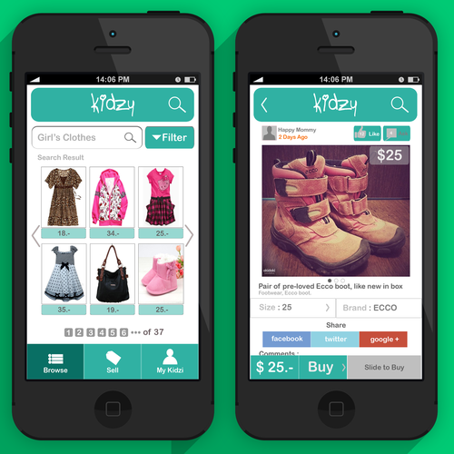 Mobile App Kidzy 2 simple screens + Logo. Design by Hakaba