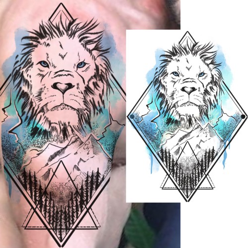 Mountain, lion and a lightning tattoo (right-side shoulder to arm) Design by osworkdesign