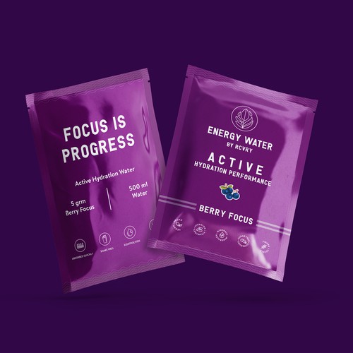 Packaging illustration with the title 'Energy water powder Sachets design'