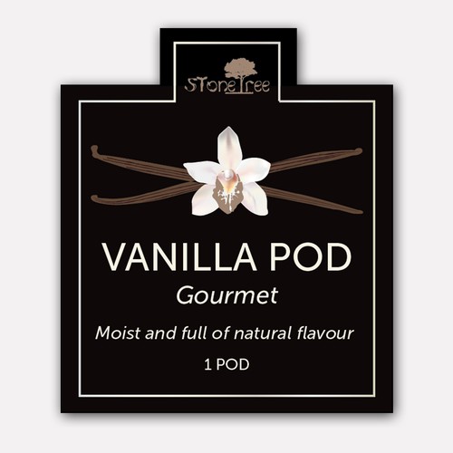Flower label with the title 'Label design concept for Vanilla Pods'