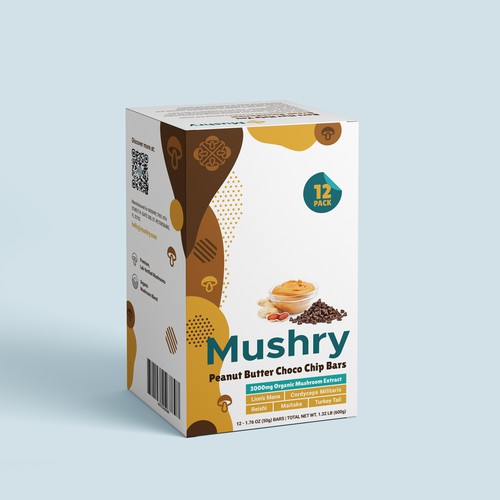 Carton packaging with the title 'Box Design for Mushroom Bars'