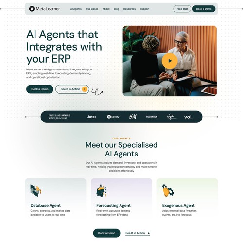 Artificial intelligence website with the title 'UI design for Metalearner - An A.I. ERP company'
