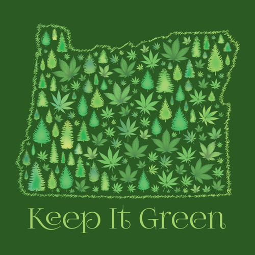 Green artwork with the title 'Creative Cannabis Leaf Design for State of Oregon'