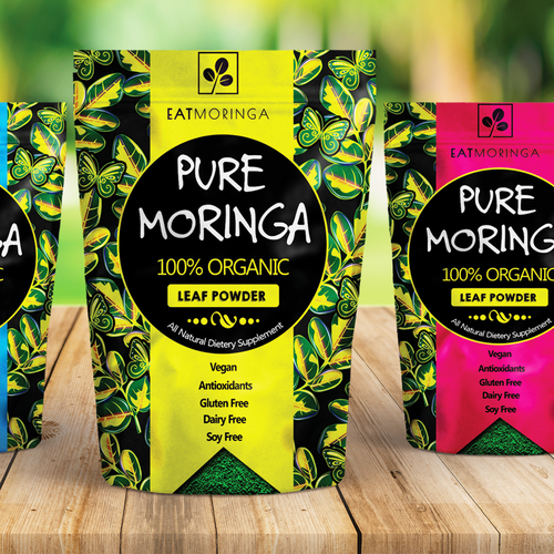 Vegan food packaging with the title 'Pure Moringa – Organic Leaf Powder Stand-Up Pouch Design'