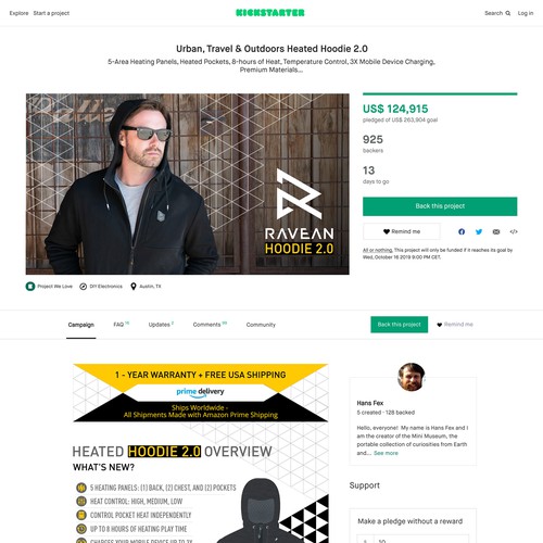 Urban design with the title 'Kickstarter Campaign Page for Ravean Hoodie 2.0'