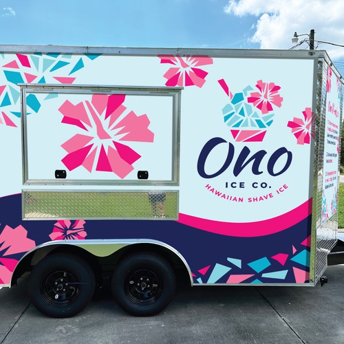 Vehicle graphic design with the title 'Vehicle wrap for new family food trailer serving Hawaiian Shave Ice'