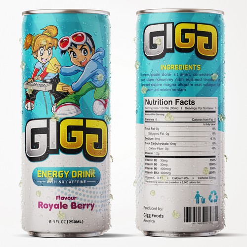 Product label with the title 'GIGG: Gaming/eSports Healthier Energy Drink'