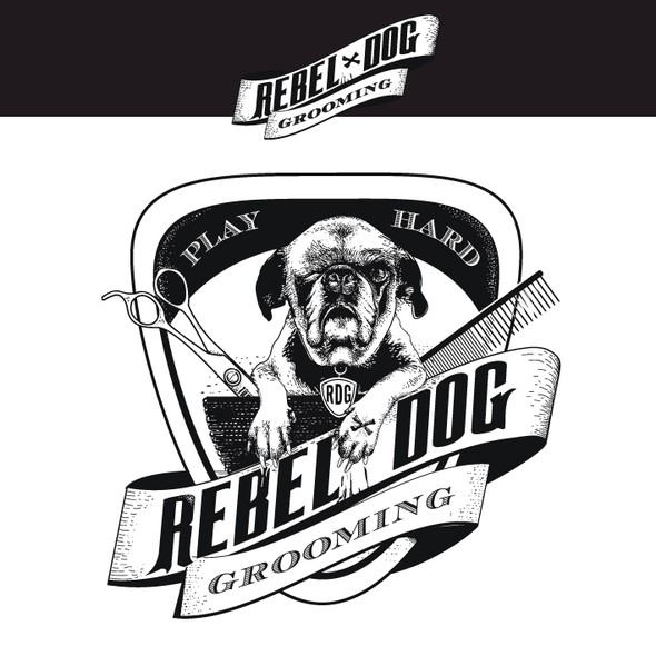 Brush and comb logo with the title 'Rebel Dog grooming'