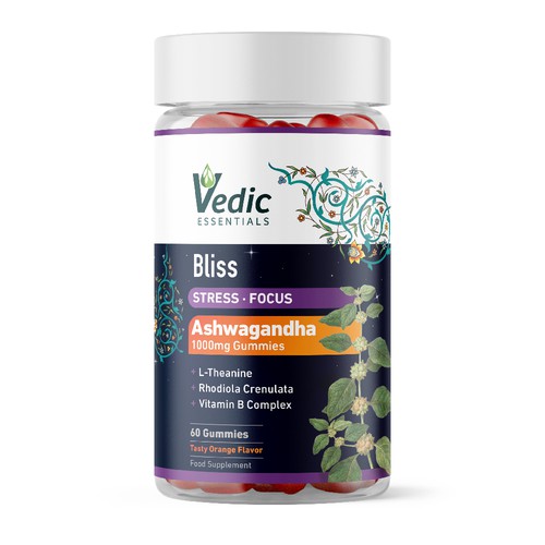 Dietary supplement label with the title 'Vedic Essentials - Bliss - Food Supplement'
