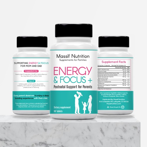 Nutrition label with the title 'Bottle label design for Energy and focus product'