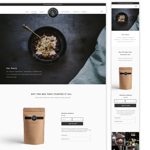 Product design website with the title 'Granola Website Design'