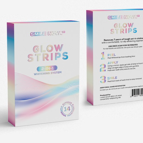 Gradient packaging with the title 'SMILE NOVA LUXURY BOLD TEETH WHITENING STRIPS PACKAGING DESIGN'