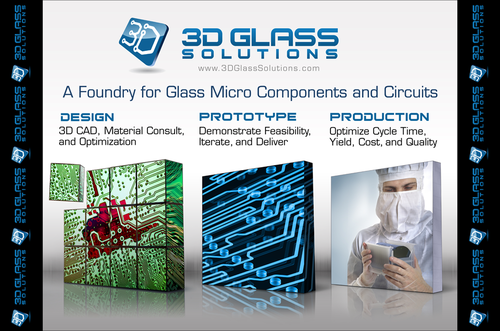 Booth design with the title '3D Glass Solutions Booth Graphic'