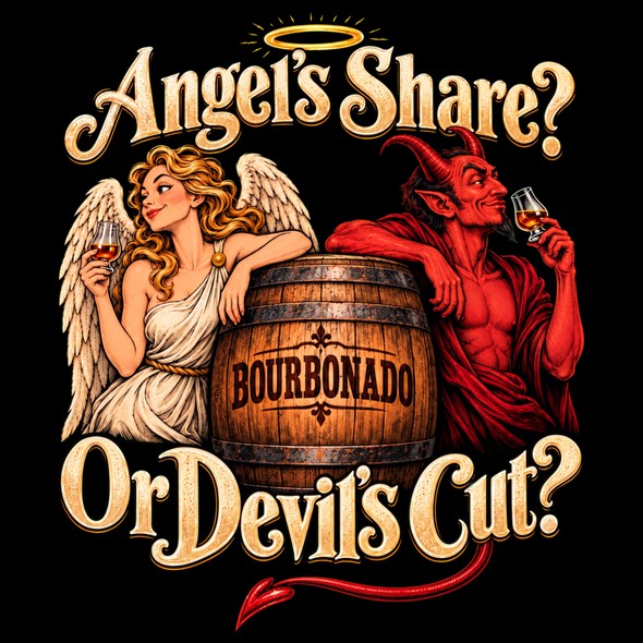 Beer t-shirt with the title 'Angel’s Share or Devil’s Cut – Fun Illustrated Bourbon T-Shirt Design - I Can Create Something Similar For You Too'