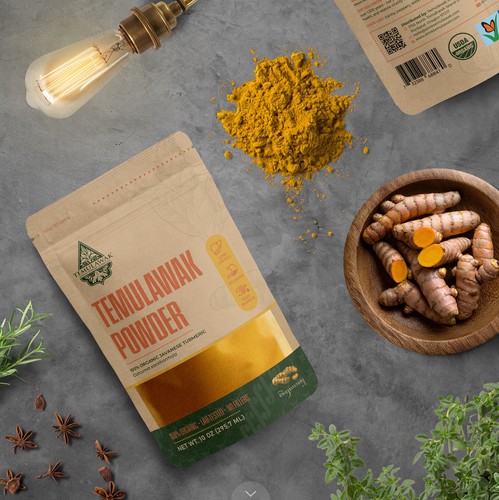 Superfood packaging with the title 'Luxury Pouch Concept on Kraft Paper for Temulawak'