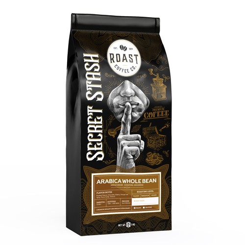 Coffee label with the title 'ROAST - SECRET STASH Cofee Bag'