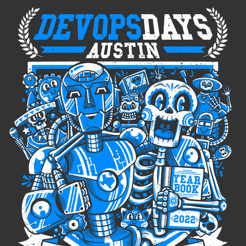 Conference design with the title 'Robots and Calaveras Reunion T-shirt'