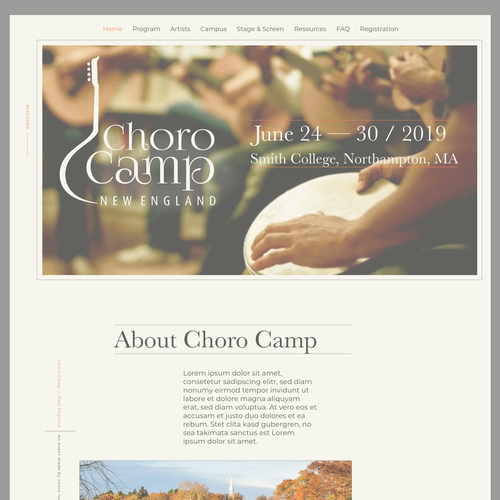 Site design with the title 'Choro Camp New England website concept'