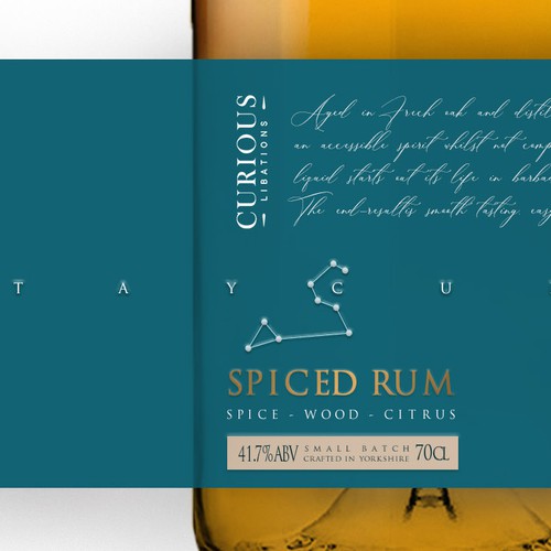 Art label with the title 'curious spiced rum label design'