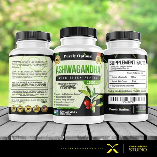 Supplement label with the title 'ASHWAGANDHA'