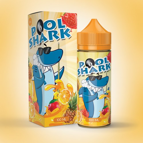 Vibrant packaging with the title 'shark pool hi c eliquid'