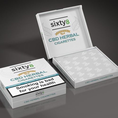 Tobacco packaging with the title 'Box for herbal CBD cigarettes'