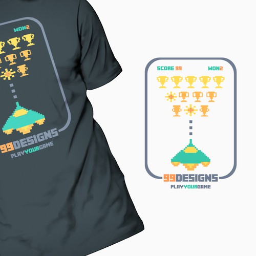 Game design artwork with the title 'Create 99designs' Next Iconic Community T-shirt'