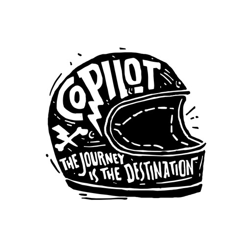 Helmet design with the title 'Helmet raw hand manual drawing for COPILOT RIDES'