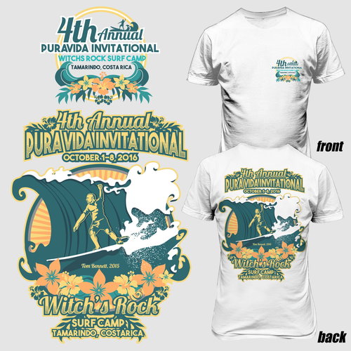 Surfing t-shirt with the title '4th annual puravida invitational'