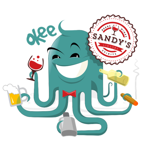 Flat design artwork with the title 'Fun mascot for liquor store.'