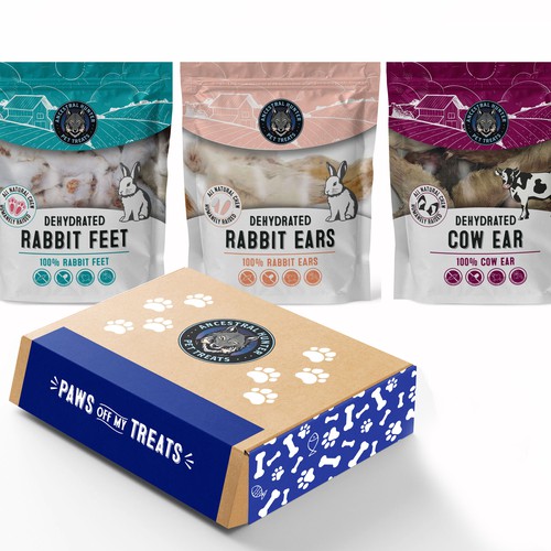Pet food packaging with the title 'Dehydrated Rabbit Feet, Dehydrated Cow Ear, Dehydrated Rabbit Head packaging'