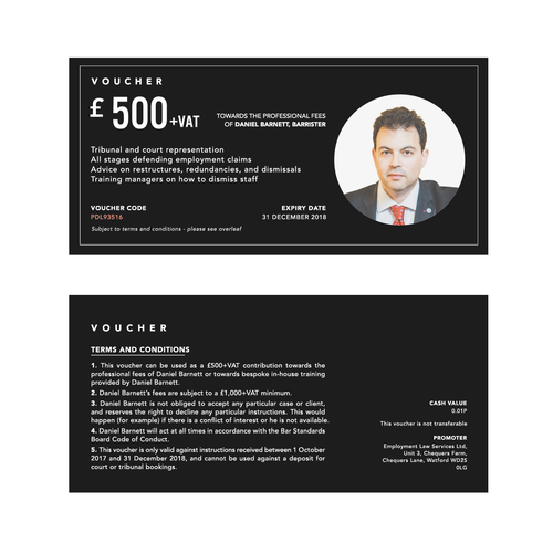 Voucher design with the title 'Money-off voucher for UK barrister/attorney'