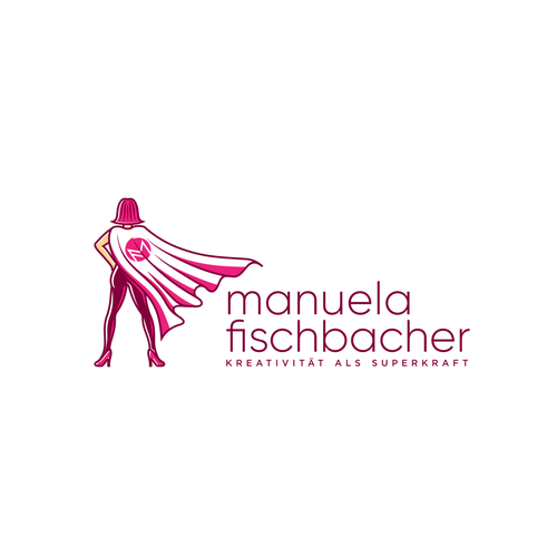 Superhero cape logo with the title 'Manuela Fischbacher'