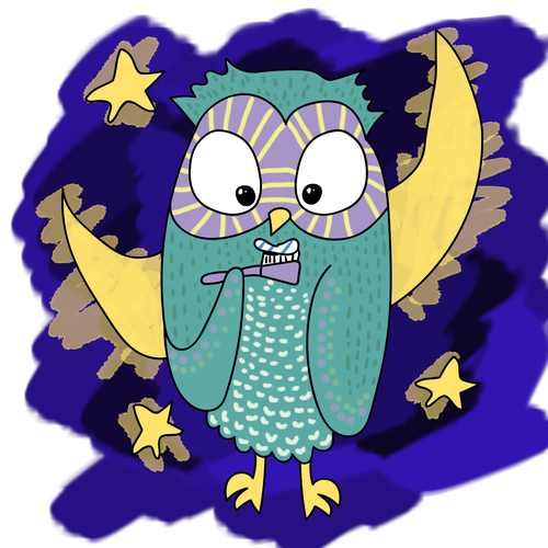 Owl illustration with the title 'Owl brushing his teeth'
