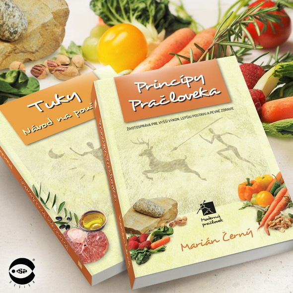 Cookbook design with the title 'Book cover for " Princípy Pračloveka" (Caveman Principles) by Marián Černý'