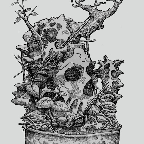 Black and white t-shirt with the title 'Bonsai skull'