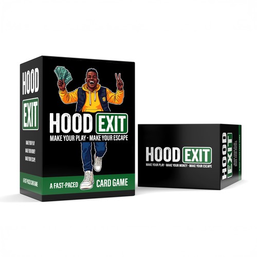 Card game design with the title 'Modern Box Design for Hood EXIT Card Game Packaging'