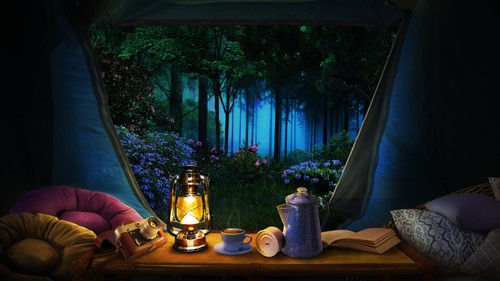 Cozy design with the title 'A cozy tent interior with forest view'