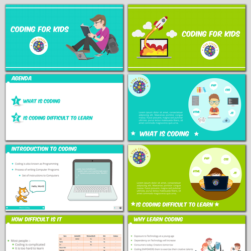 Cheerful design with the title 'An upbeat presentation for Coding Courses for Teens'