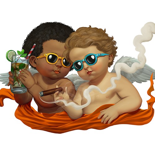 Angel design with the title 'Re-Create a vintage illustration of two angles for a funky Cuban brand!'